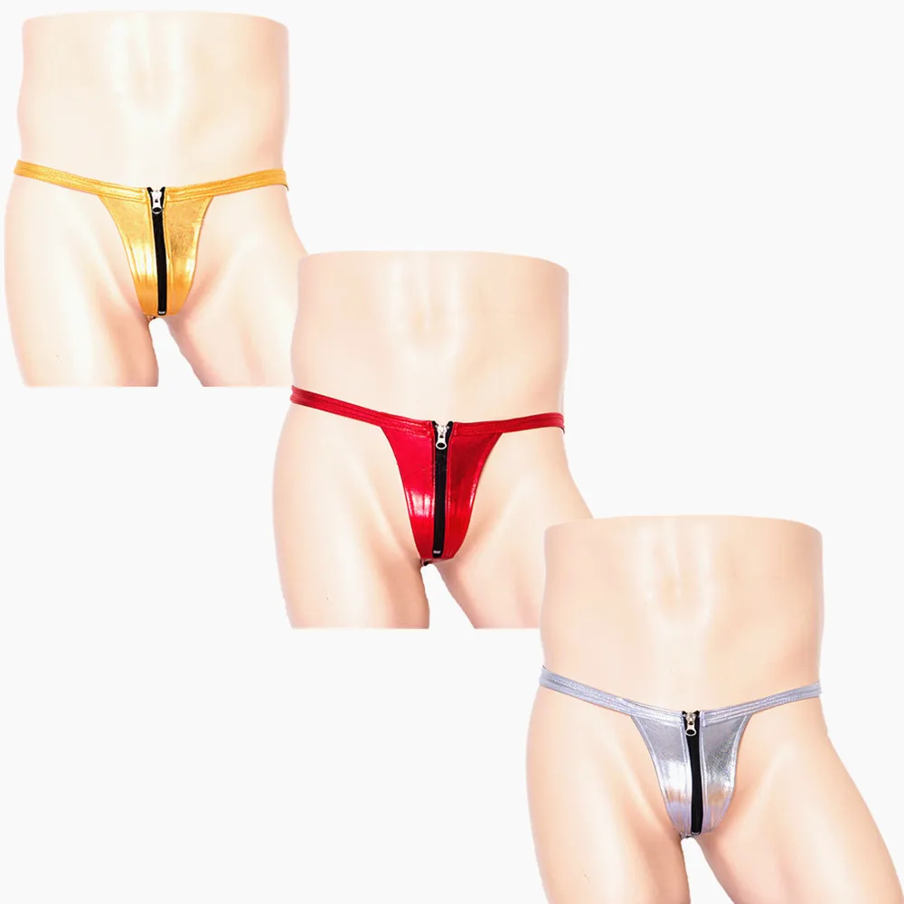 

Mens Latex Thong Detachable Zipper Homens Sexy G String Roupa Interior Super Sexy Male Thong Pouch Underwear for Stage Low Rise