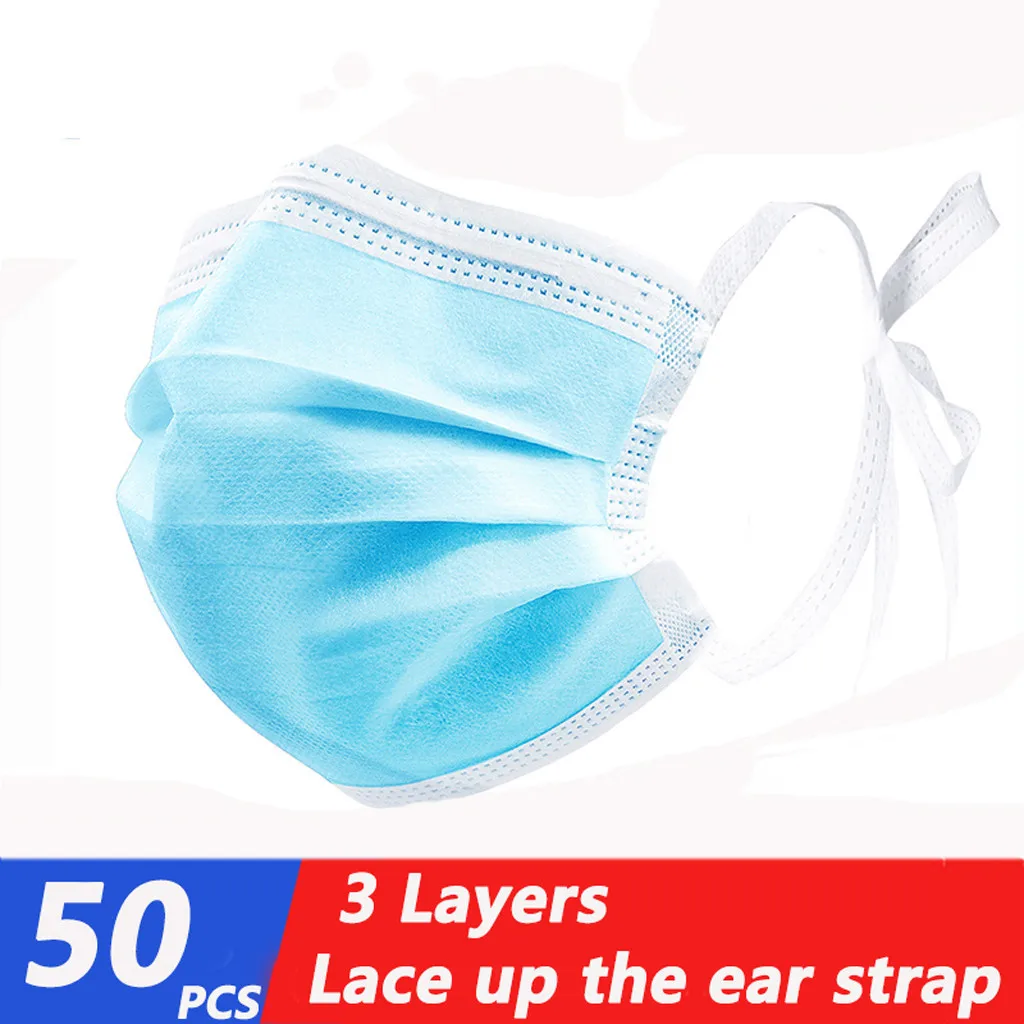 50pcs Unisex Adult Mask Bandage Disposable Face Masks Solid Color Blue Nonwove 3 Layer Protective Mouth Cover Mascarilla | Аксессуары