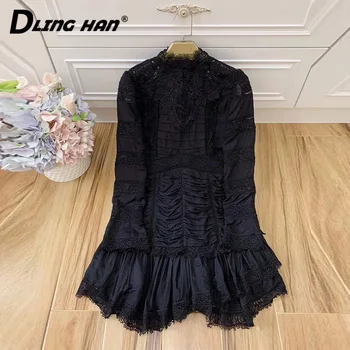 

DLINGHAN Vintage Embroidery Cotton Dress Women Hollow Out Long sleeve Stand Collar Pleated Party Dresses Designer Autumn New