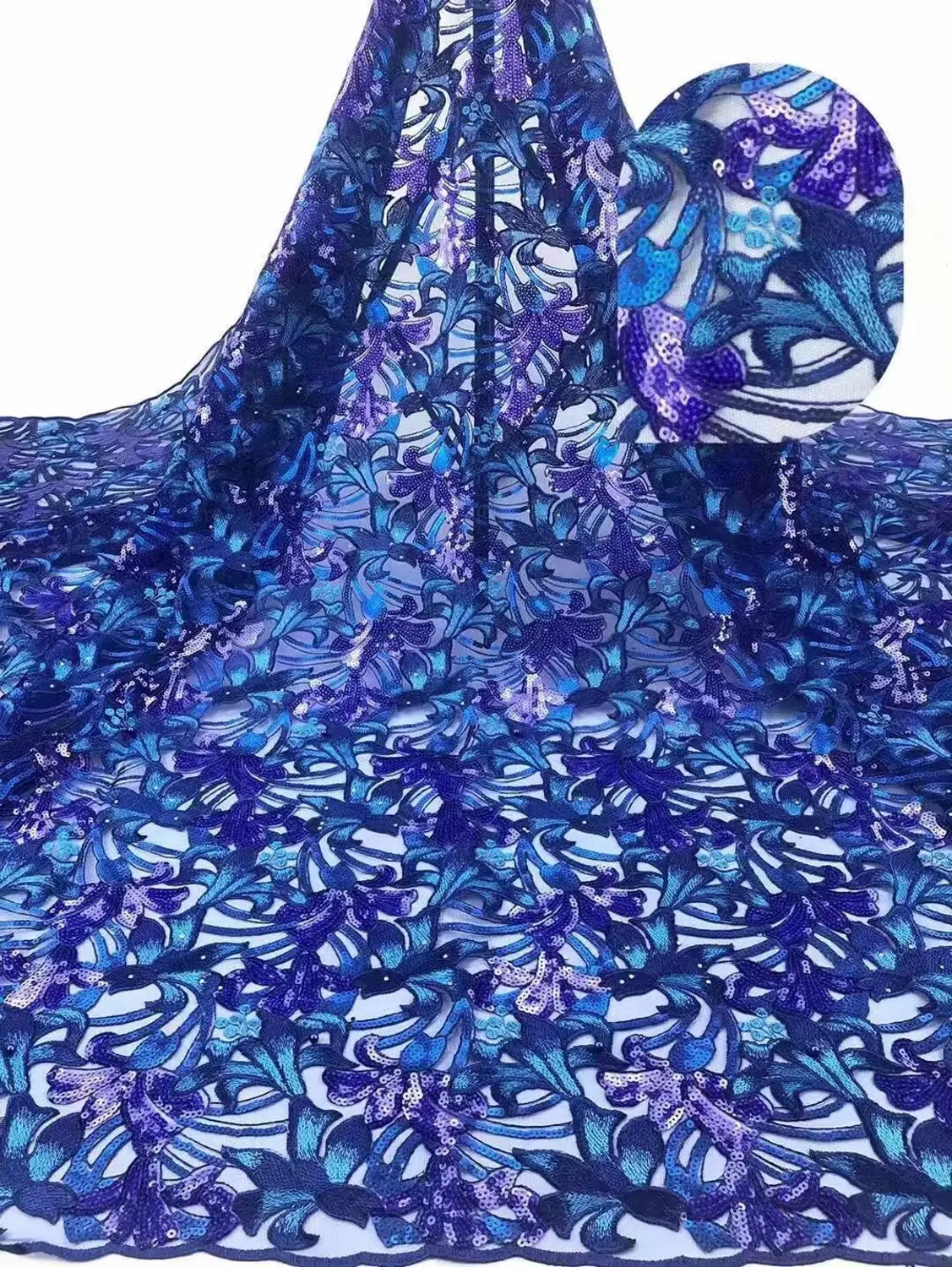 

French lace fabric 5yds/pce royal blue sequins beads embroidery mesh fabrics women gorgeous luxury party event asoebi dress 2019