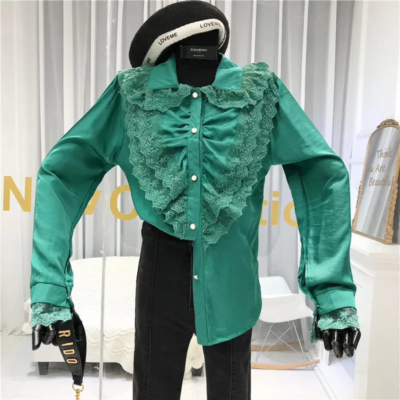 ALPHALMODA зима дизайн кружевная отделка длинный рукав рубашка Женская Формальная тонкая универсальная блузка Топ
