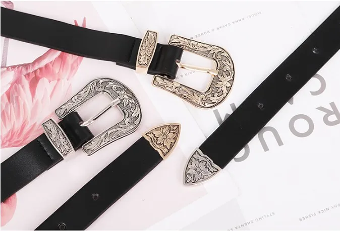 Популярный пояс Модные Винтажные Boho металлические кожаные ремни для женщин Рок Высокое качество двойной пряжкой пояс Джинсы черный пояс