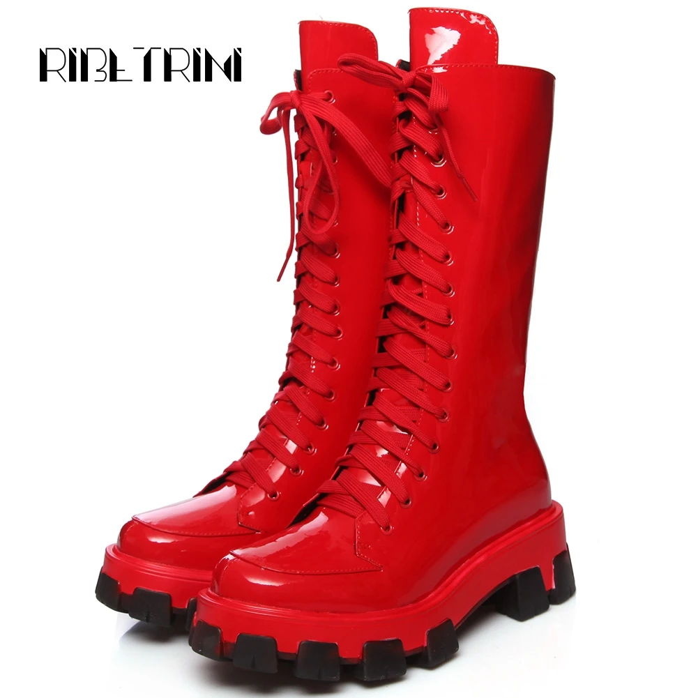 

RIBETRINI Patent Leather Marten Style Mid Calf Boots For Women 2019 Thick Heel Platform Autumn Shoes Woman Motorcycle Botos