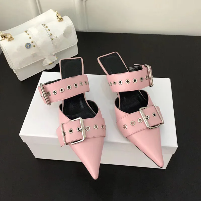 

2019 New Hot Women Slipper High Thin Heel Belt Buckle Decor Women Shoes Pointed Toe Topuklu Ayakkabi Bayan Slip On