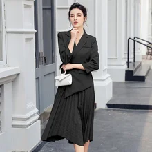 Женские костюмы с длинной юбкой осенние европейские Новые женские модные костюмы с юбкой темпераментная юбка с длинным рукавом приталенный пояс