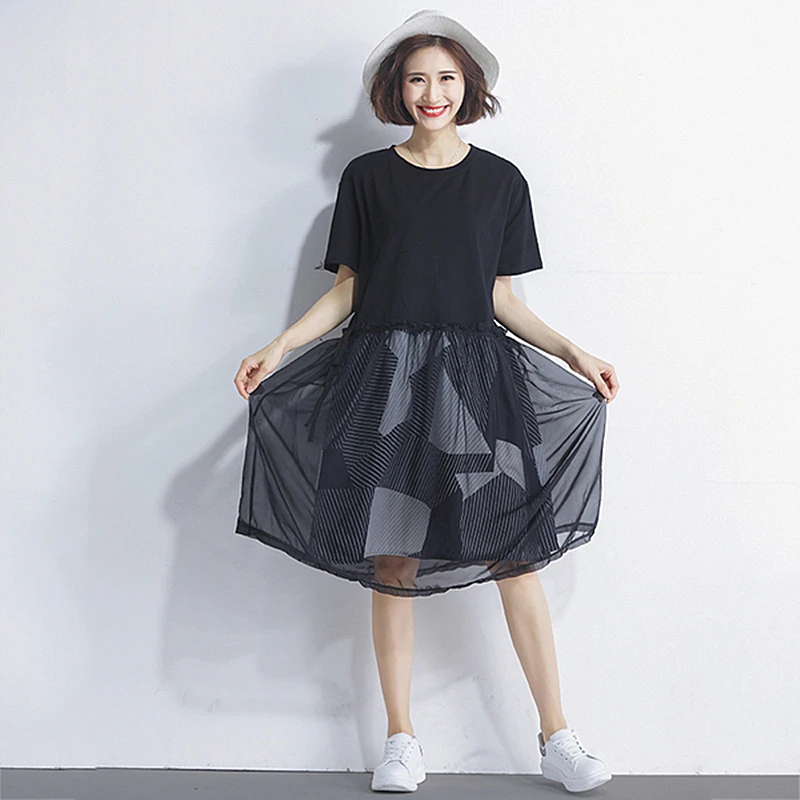

Cotton vintage patchwork mesh plus size women dress black midi summer clothes loose casual vestido elegant 2019 ladies dresses
