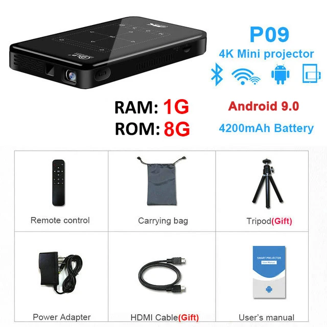 Salange P09 Mini DLP Projector 4K Android 9.0 WiFi Bluetooth 1080P Support Portable Wireless Movie Video Home Theater System smartphone projector Projectors