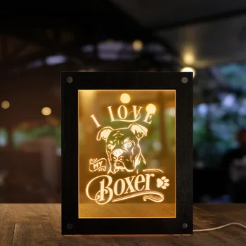 

I Love My Boxer Dog LED Light Picture Frame Laser Engraved Custom Text Wooden LED Night Light Display Deutscher Boxer Room Decor