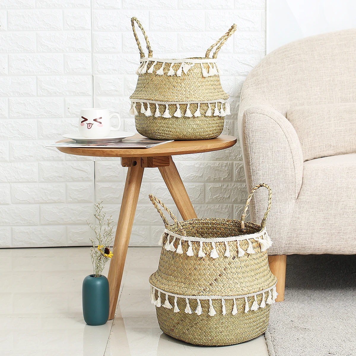 Handmade Bamboo Storage Baskets Seagrass Wicker Basket Garden Flower Pot Laundry Basket Container Toy Holder with White Tassel|Storage Baskets| - AliExpress