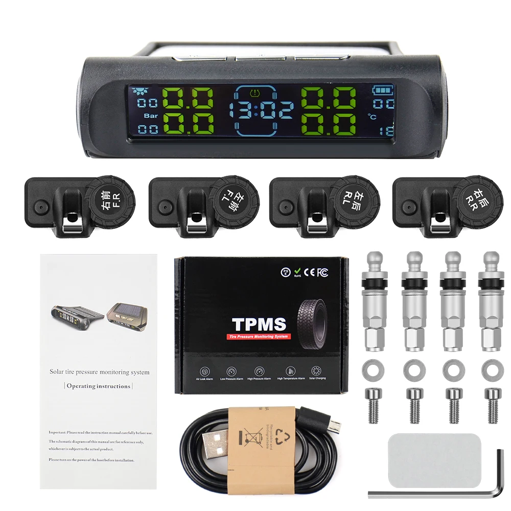 Universal TPMS Wireless Tire Pressure Monitoring System Solar Power Clock LCD Display 4 External Sensor Tire Pressure Sensors car tire pressure monitor car tire pressure sensor