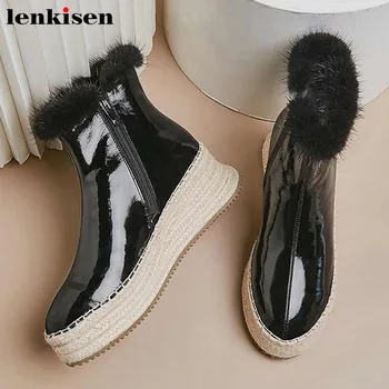 

Lenkisen simple style super warm genuine leather plush snow boots round toe high heels thick bottom side Zipper ankle boots L35