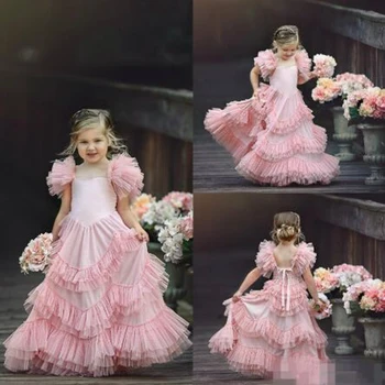 

Fashion Tiered Rashes Bow Ruffles Chiffon A-line Flower Girl Dresses Cute Sleeveless O-neck Floor Length Communion Gown