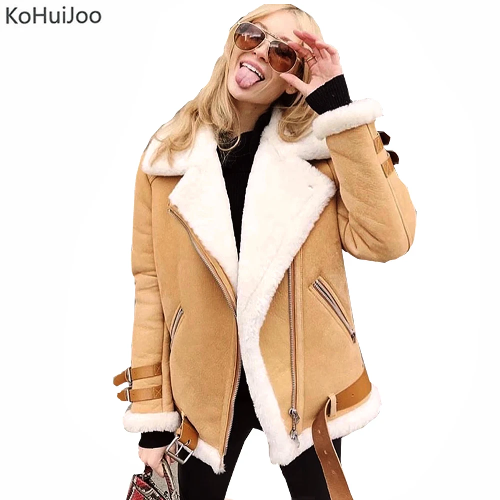 Best KoHuiJoo Style Sheepskin Coat Women Winter Zipper Fur Collar Faux Suede Lambs Wool Jackets Thickened Cotton Parkas Female