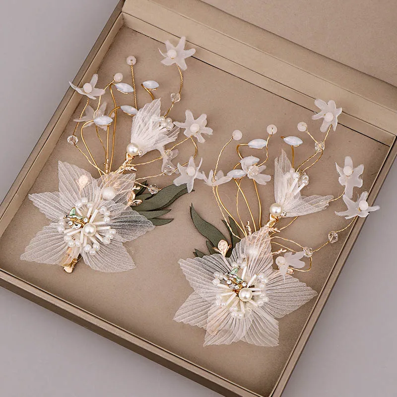 

ACRDDK Vintage Floral Gauze Yarn Bridal Hairpins Earclips Women Flower Hairpin and Earclips Wedding Hair Jewelry Accessories SL