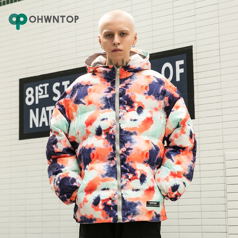 

Winter Hip Hop Graffiti Ink Tie Dye Jacket Men Double-sided Wear Parka Thick Windbreaker Streetwear Cotton Padded Parkas Coats