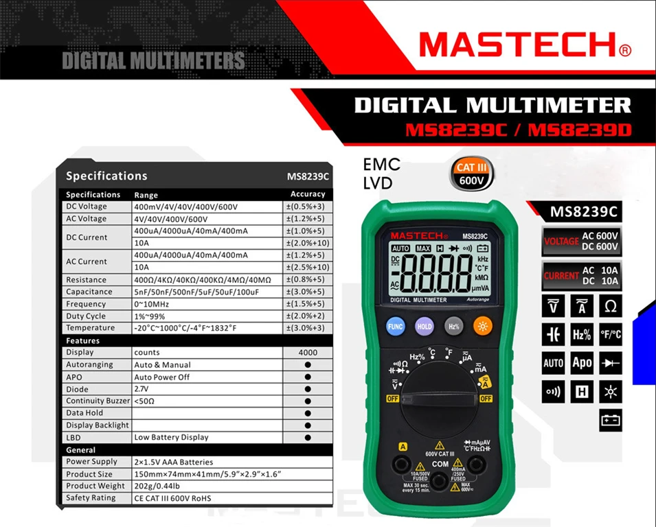 Mastech MS8239C Ручной Автоматический диапазон цифровой мультиметр AC DC Напряжение Ток Емкость Сопротивление Частота Температура Тестер