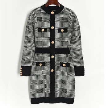 

Luxury Metal Buttons Houndstooth Knitted Sweater Dress Women 2020 Autumn Winter High Quality A-line Mini Dress Runway Designers