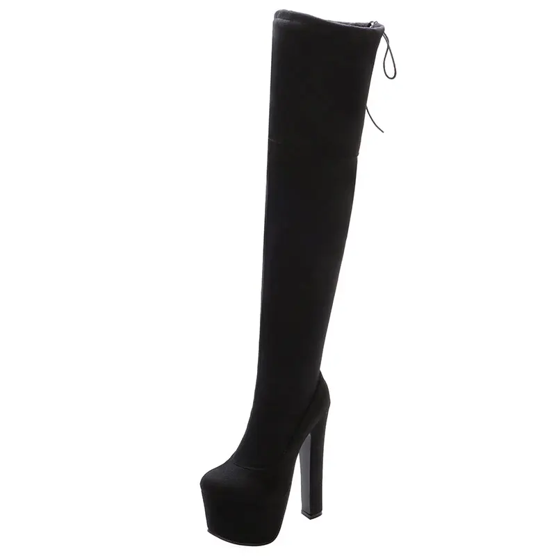 Flock black Lsewilly/женские ботинки г. Большие размеры 33-43, модные женские ботфорты обувь на высоком квадратном каблуке женские черные высокие сапоги K247 - Цвет: Flock black