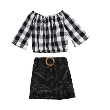 

2PCS Kids Baby Girls Clothes Sets Plaid Print Long Sleeve Off Shoulder Tops Leather Skirt Stright Kids Outfit Set 2-7Y