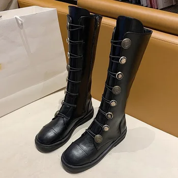 

Women Vintage Mid-calf Boots Woman Zipper Shoes Pu Leather Metal Button Lace Up Casual Punk Long Boot Fashion New Autumn Winter
