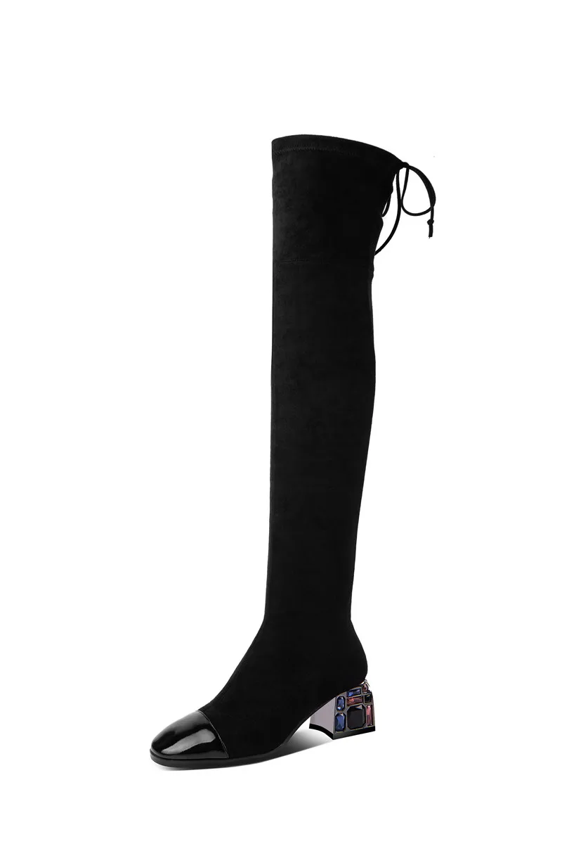FEDONAS/Стрейчевые носки с ворсом; сапоги; сезон осень-зима; обувь для выпускного вечера на высоком каблуке с кристаллами; Женские Новые ботфорты выше колена