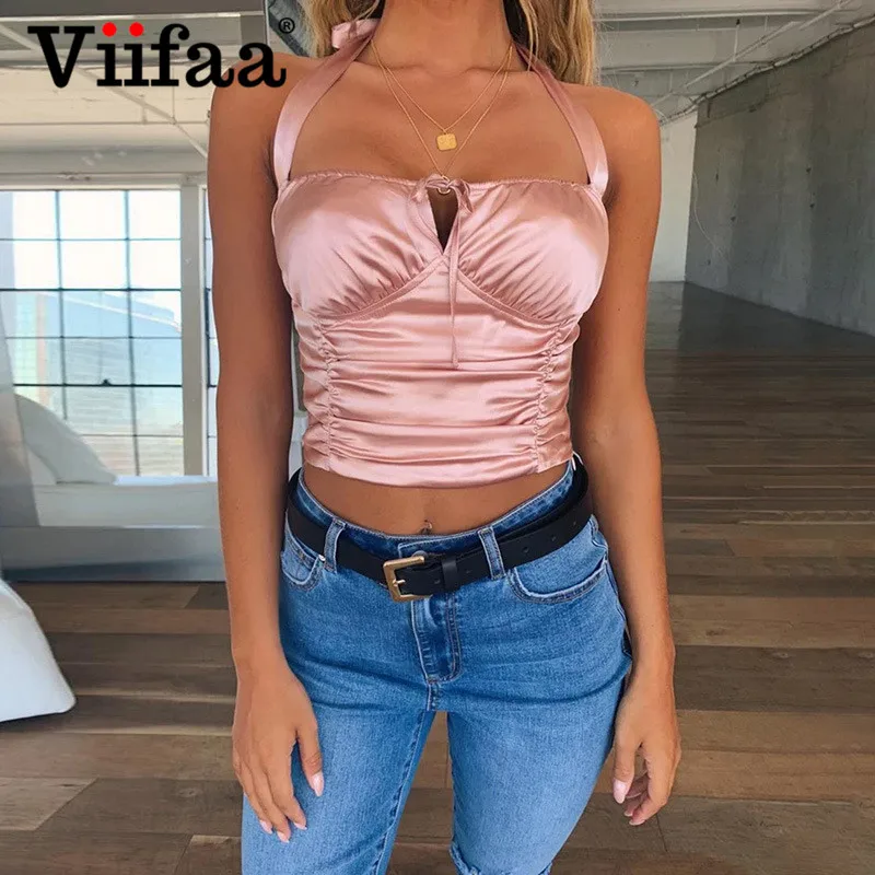 

Viifaa Tie Front Ruched Sleeveless Sexy Crop Top Summer Women Streetwear Cropped Bustier Silky Halter Backless Crop Tops