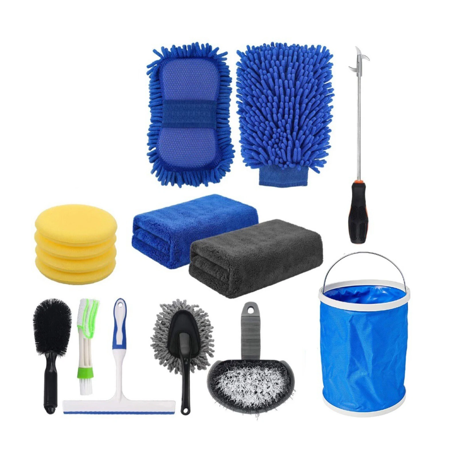 15pcs Car Wash Cleaning Tools Set Bucket Wash Mitt Sponge Towels Tire Brushes Window Scraper