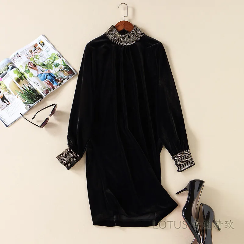 

2019 Autumn And Winter New Style Europe And America Noble Elegant Short Gold Velvet Skirt Dress Long Sleeve Debutante Dress Wome