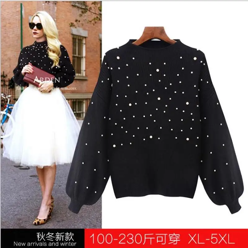 

2019 Women knitted Sweater Pearl Beading Lantern Sleeves Sweaters Half Turtleneck Knit Pullover Pearl Jumper poncho