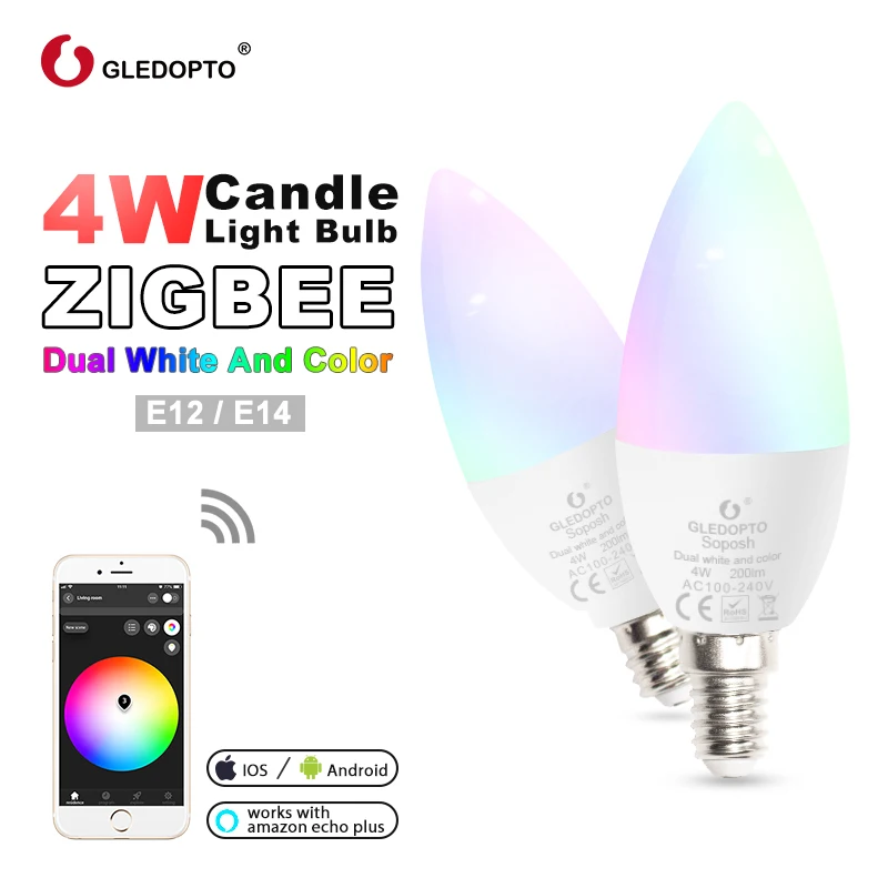 

GLEDOPTO Zigbee RGB+CCT LED 4W Candle Light E12/E14 Ambient Decorative Dimmable Bulb Compatible with Amazon Echo Plus AC