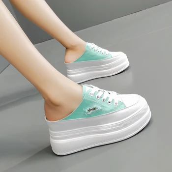 

2020 Fashion Women's Muffin Women's Slippers No Heel Breathable Toe Cap Half Slippers Inside Canvas Shoes