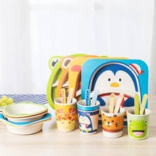 5Pcs/Set Bamboo Tableware Baby Dishes Children Cartoon Feeding Dishes Kids Natural Bamboo Fiber Dinnerware With Bowl Fork Cup