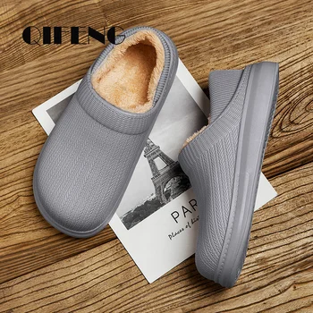 

New Winter Fur Home Slippers Platform,women Waterproof Leather Casual Indoor Anti Slippery Shoes, Warm Fluffy Slides Flat Man