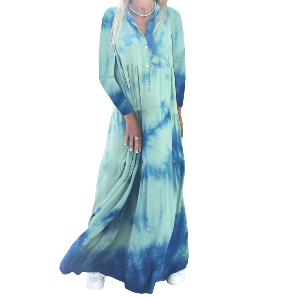 

Oeak 2019 Women Autumn Painting Style Loose Blue Shirt Dress Long Sleeve Print Female Party Long Casual Dresses