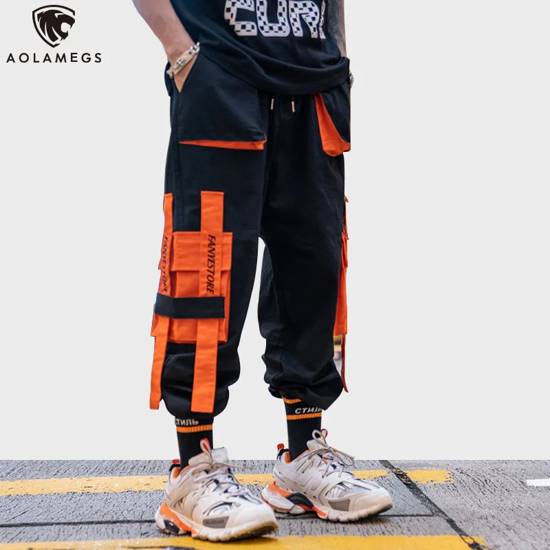 

Aolamegs Sweatpants Big Pockets Pants Men Elastic Waist Hip Hop Ribbon Cargo Style Patchwork Color Joggers Fashion Streetwear