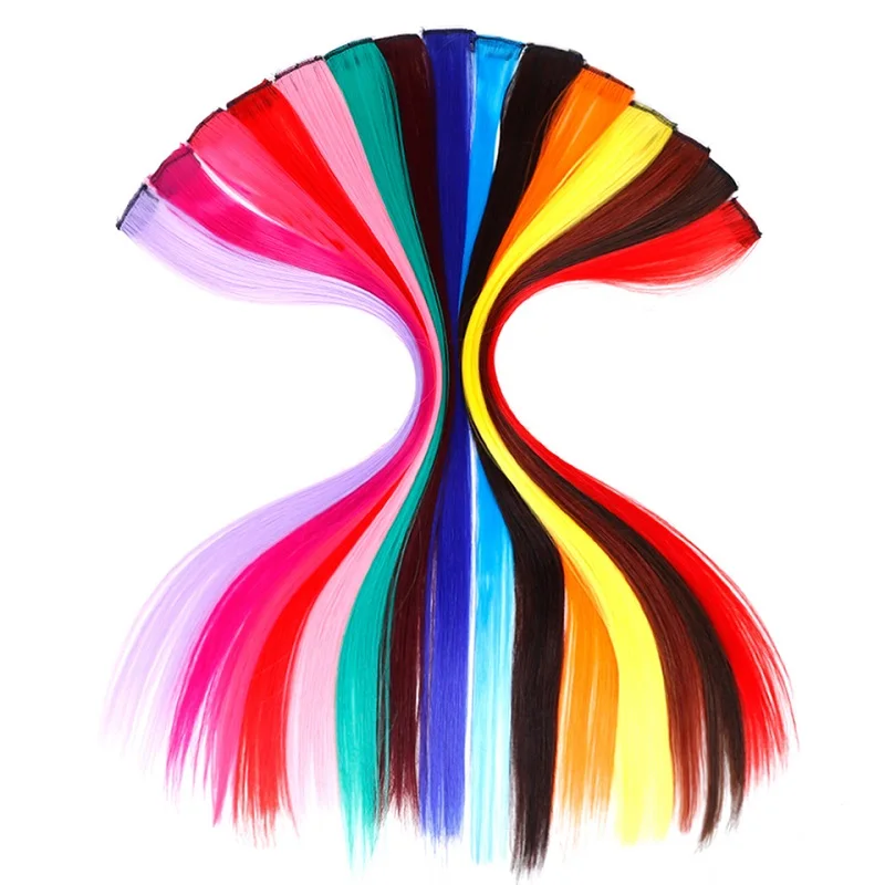 BUQI Straight Fake Colored Hair Extensions Clip Rainbow Hair Streak Synthetic Pink Orange White Purple Hair Strands on Clips