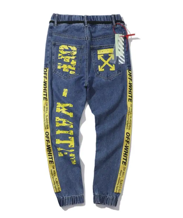 OFF-WHITE OW VIRGIL ABLOH OW Off Белые желтые Ленты Эластичные измельченные темные джинсы