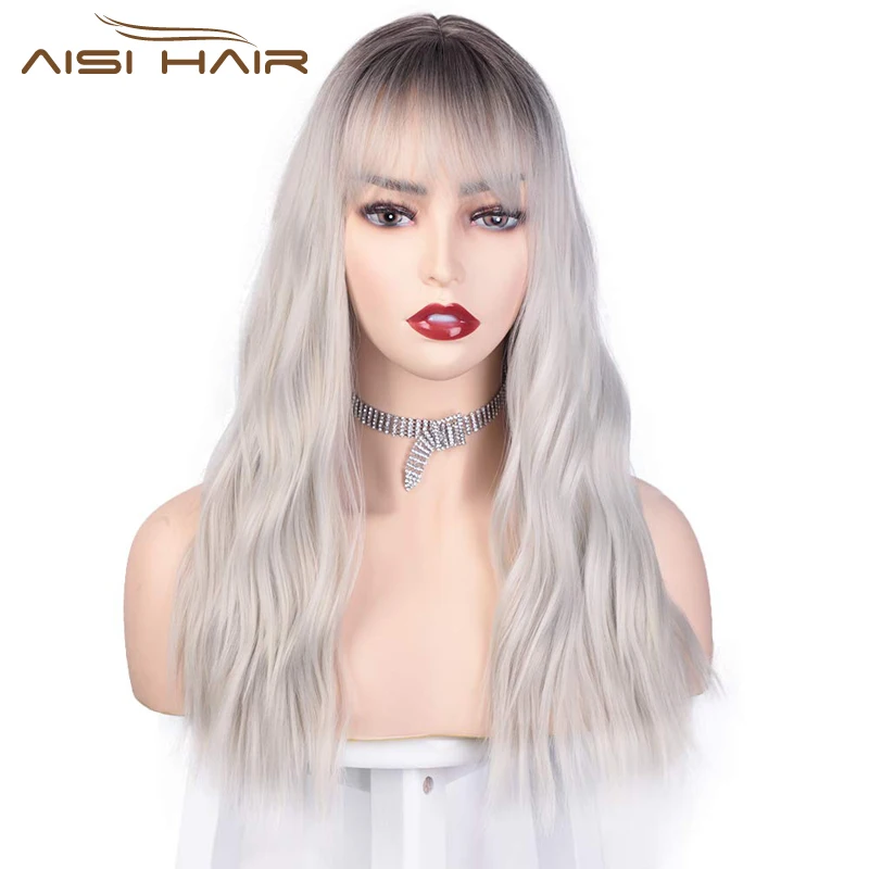 AISI HAIR 24 дюйма Омбре черный серый парик с челкой синтетические длинные парики
