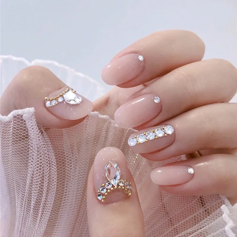 Nail-Tips Short Fake-Nail Round-Press Bride Heart Full-Cover on with Glue for Girls Wearable