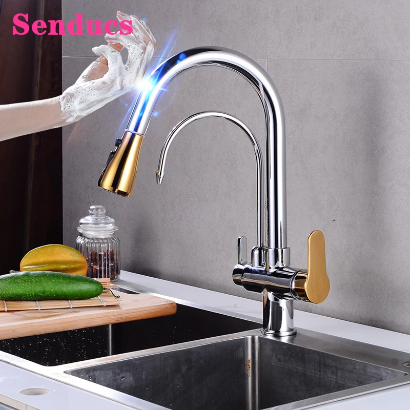 Touch Pull Out Kitchen Faucets Dual Handle Brass Filter Kitchen Mixer Faucet Hot Cold Pull Down Kitchen Tap Smart Touch Faucets