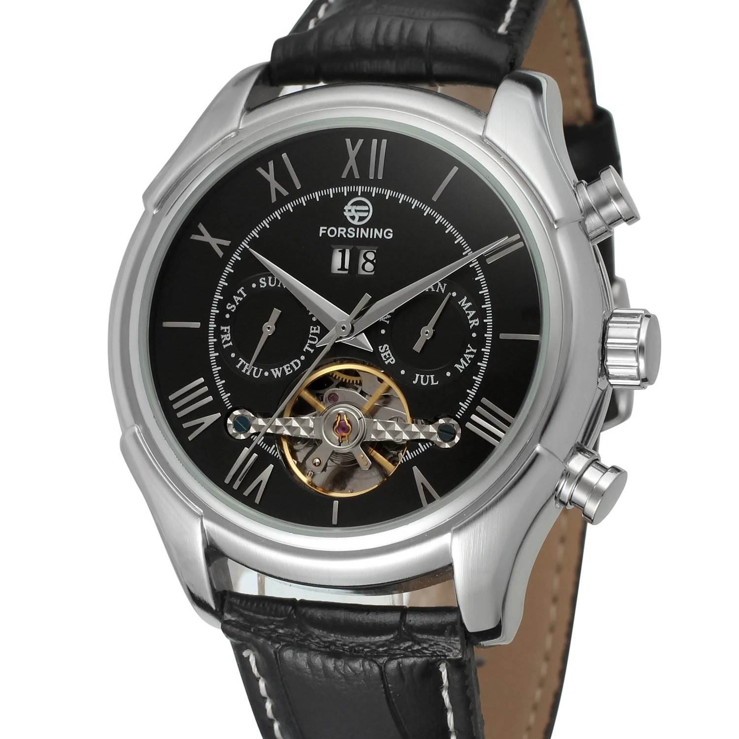 

FORSINING Men Mechanical Wrist Watch Leather Strap Tourbillion Sub-dial Calendar Dial Silver Bezel Top Brand Luxury Auto Watch