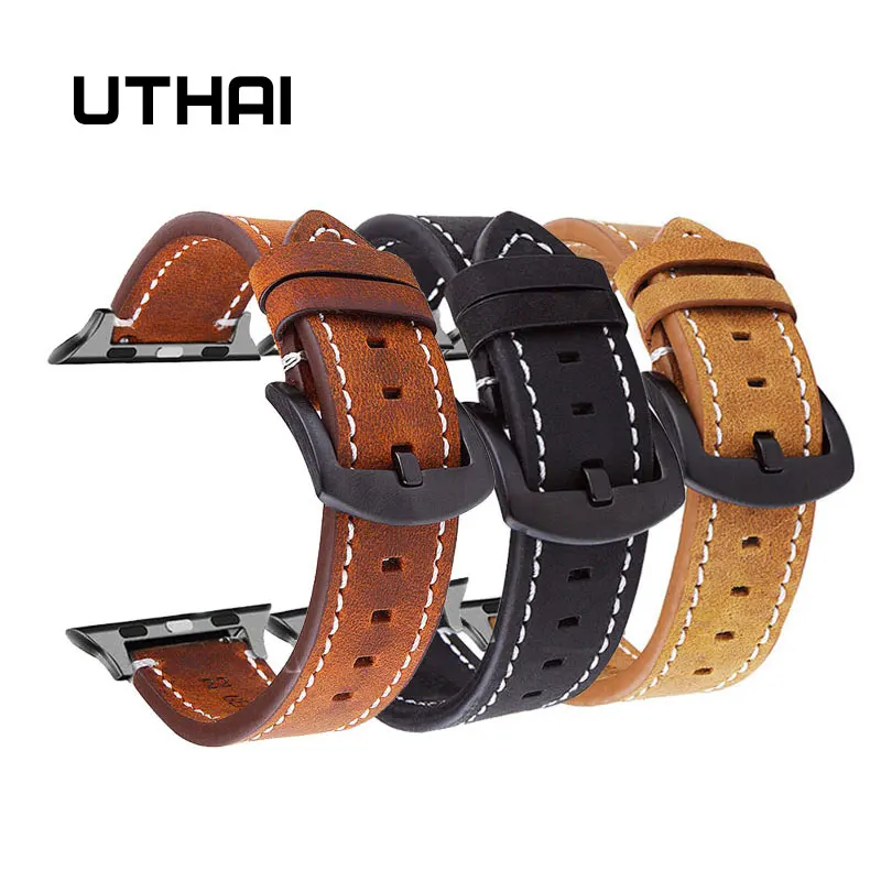 UTHAI A19 High-end Ретро телячья кожа ремешок для часов для 38 мм 42 мм, для iWatch, версия 3, 2, 1 серия для наручных часов iwatch, 4/5 серии 40 мм, длина-44 мм, ремешок для часов