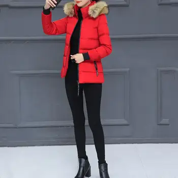 

2020 New Winter Women Solid Color Zip Faux Fur Hooded Slim Short Coat Down Fashion Winter Jacket Big Fur Warm Winter Outwear