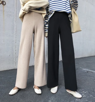 

New 2020 Autumn Winter Women Pant Wide Leg High Waist Elastic Waist Casual Woolen Knitting Ladies Female Pants Dropshipping