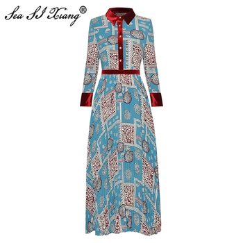 

SEASIXIANG Fashion Designer Autumn Dress Women's pearl Button Turn-down Collar Floral Print Vintage Draped Dresses