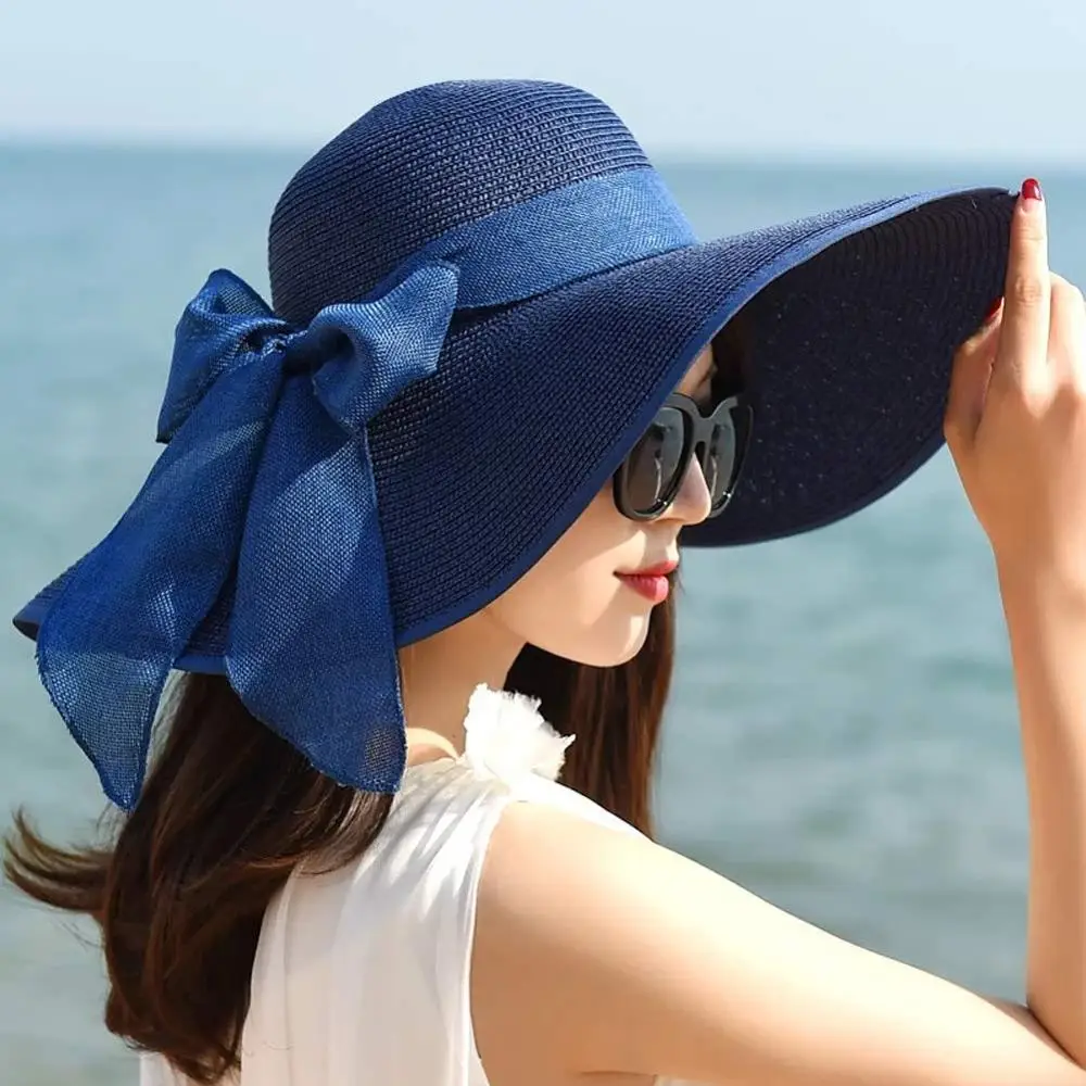 Womens Wide Brim Straw Hat Floppy Foldable Roll up Cap Beach Sun Hat UPF 50+