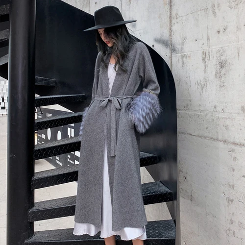 grey OFTBUY Повседневная модная Натуральная черно-бурая лиса меховые манжеты Верхняя одежда зимняя куртка Женский кашемировый пояс для вязания длинное пальто уличная - Цвет: grey