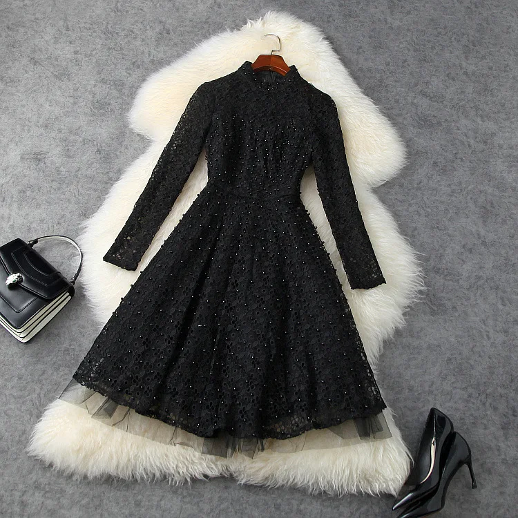 

European and American women's clothing New spring 2021 Long - sleeved standneck nail bead lace embroidery Fashionable dress