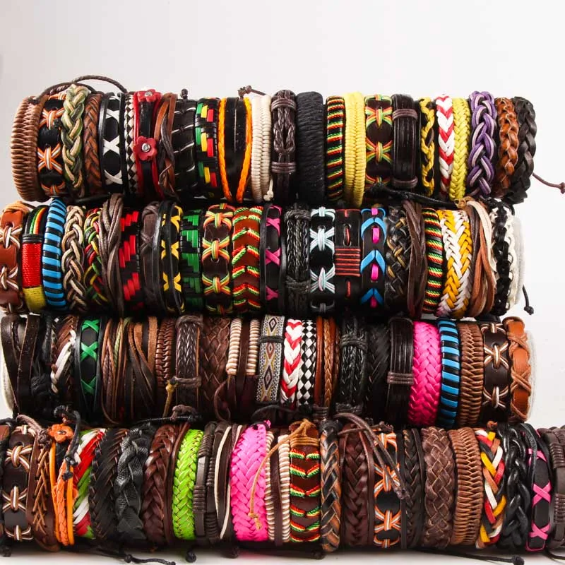 

50 PCS Style Mix lot Men's Genuine Leather Bracelets Surfer Cuff Ethnic Tribal Wristbands Wholesale Bangles HOT Fashion Jewelry