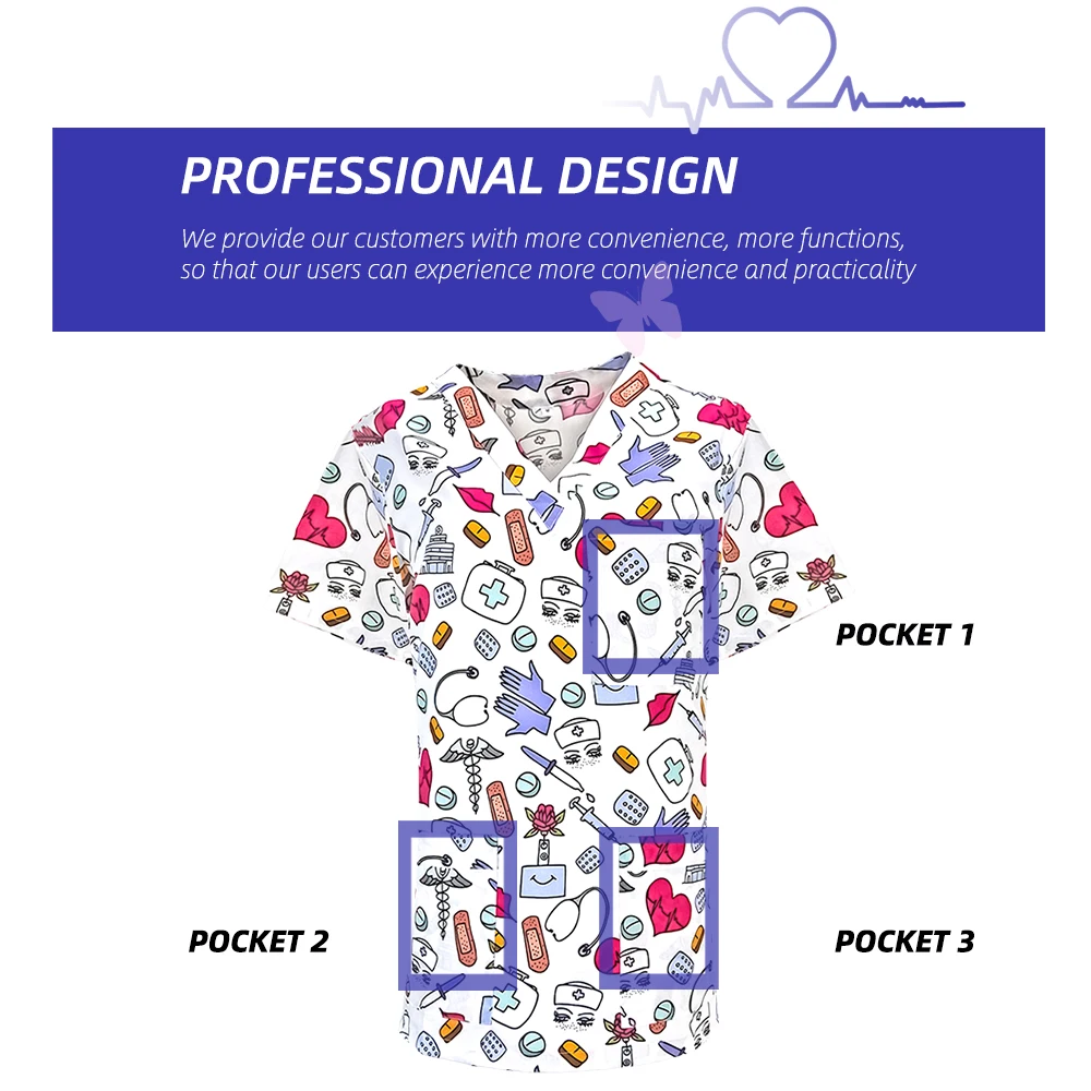 women's nurse scrub tops cotton printed work short sleeves blouse dentist clinical uniform medical scrubs top